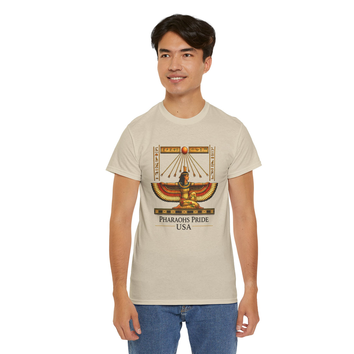 Pharaohs Pride USA Egyptian papyrus artwork T-shirt with winged sun and hieroglyphic design