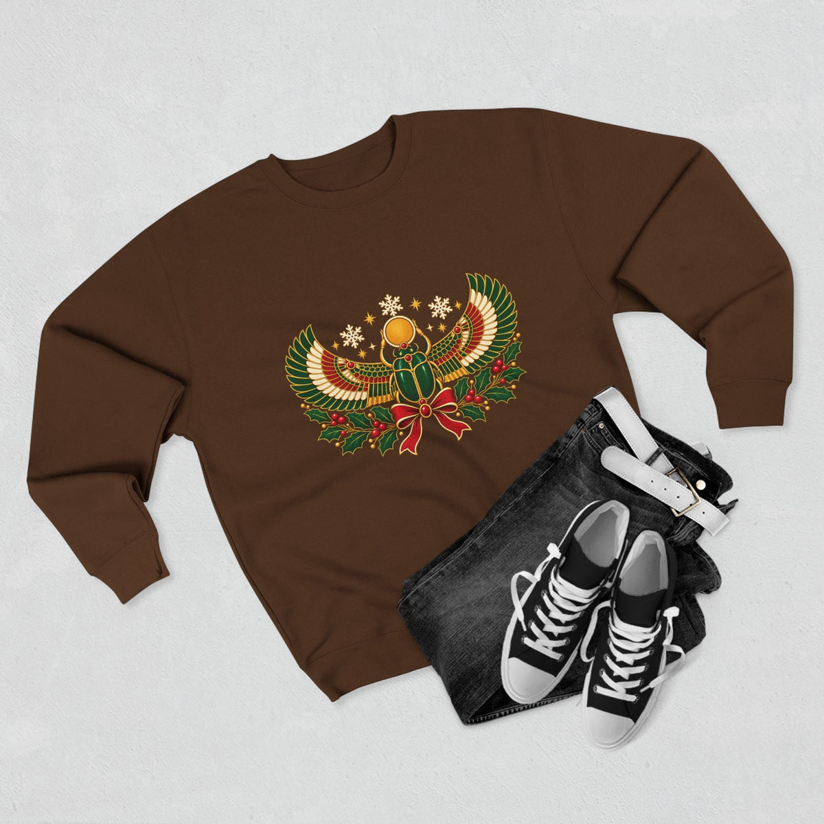 Egyptian Scarab Holiday Sweatshirt — Festive Scarab & Wreath Crewneck Printify