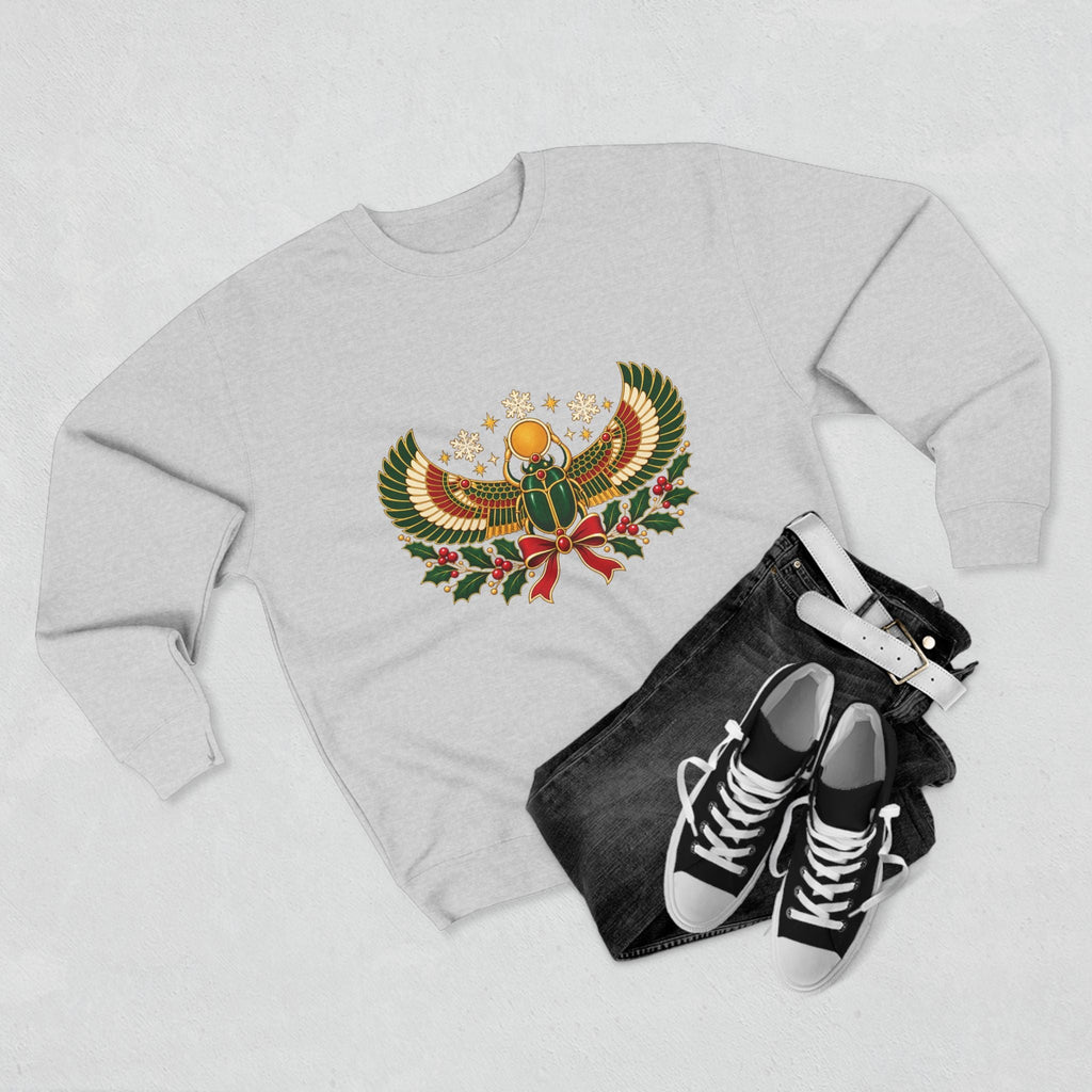 Egyptian Scarab Holiday Sweatshirt — Festive Scarab & Wreath Crewneck Printify
