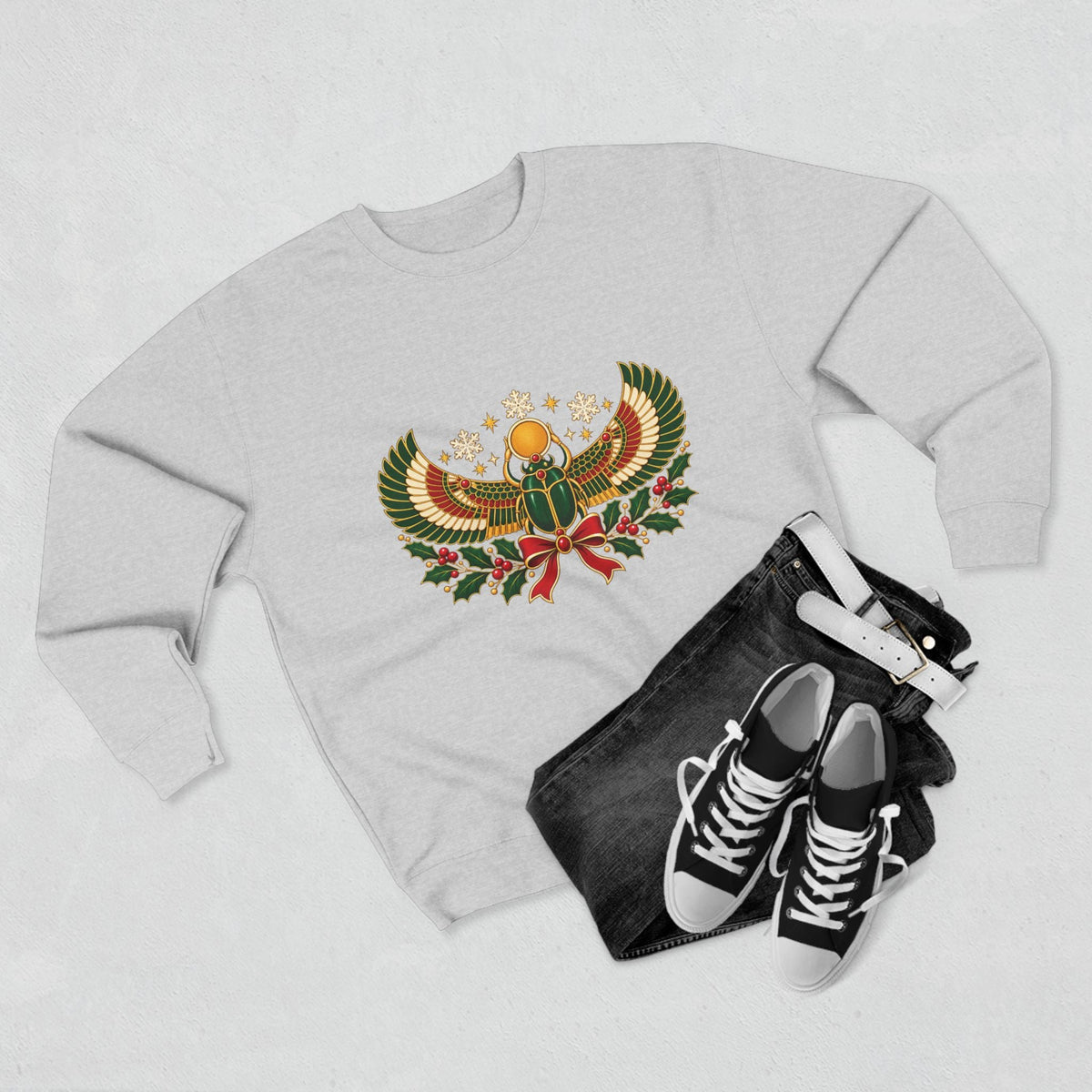 Egyptian Scarab Holiday Sweatshirt — Festive Scarab & Wreath Crewneck Printify