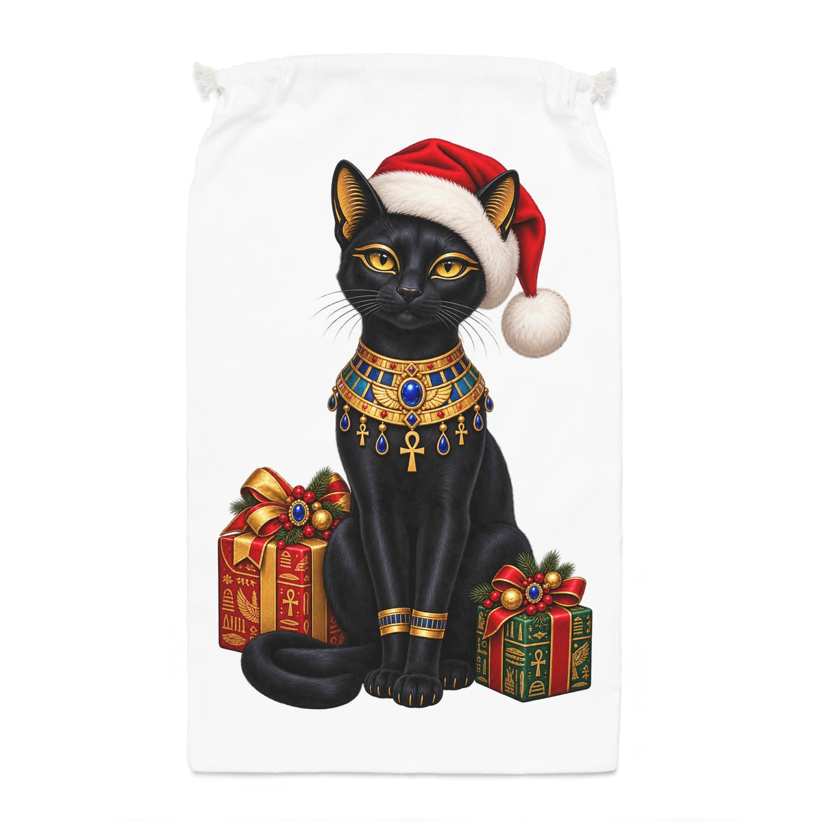 Black Cat Santa Sack | Egyptian Cat with Christmas Presents Printify