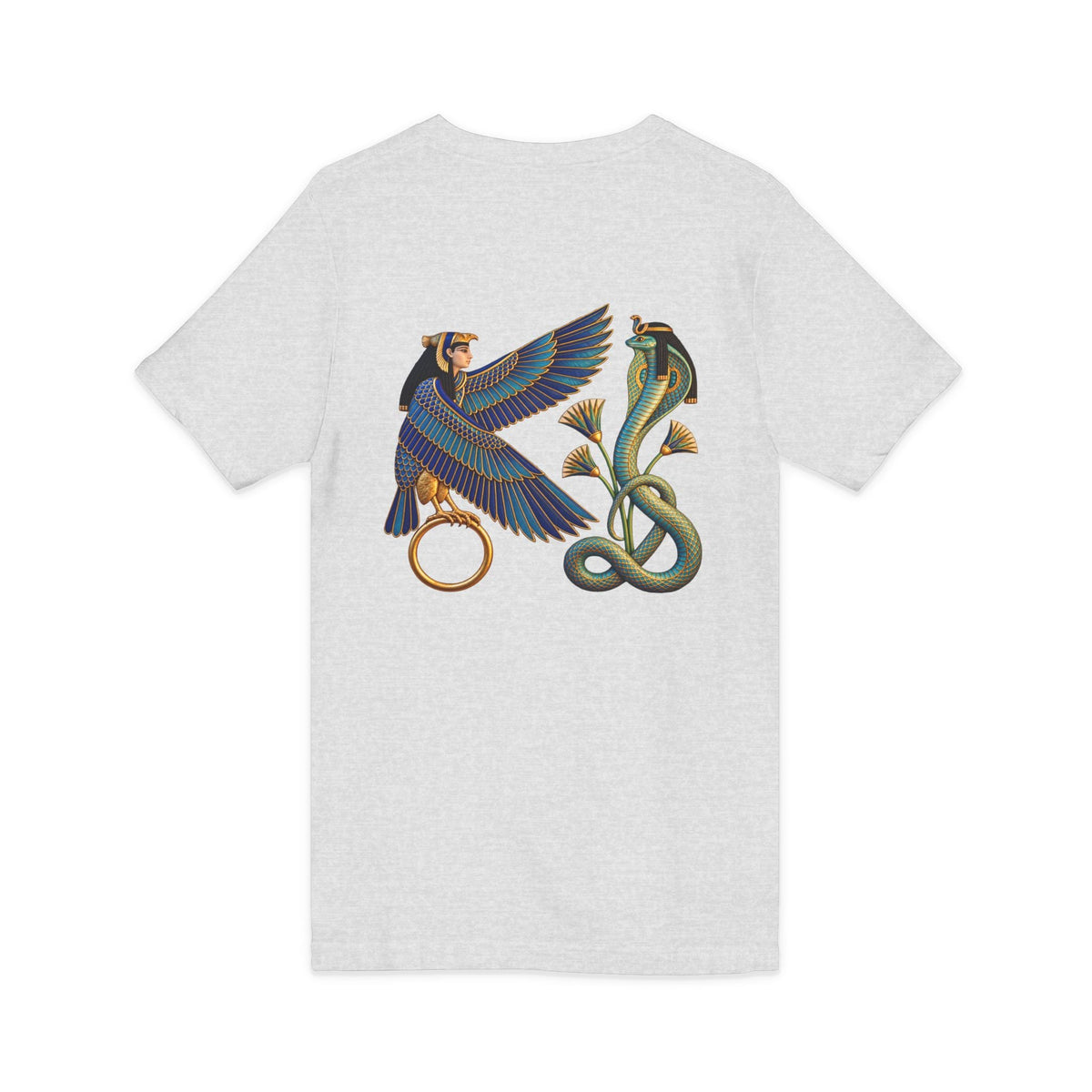 V-neck T-shirt with Egyptian winged figure and cobra artwork