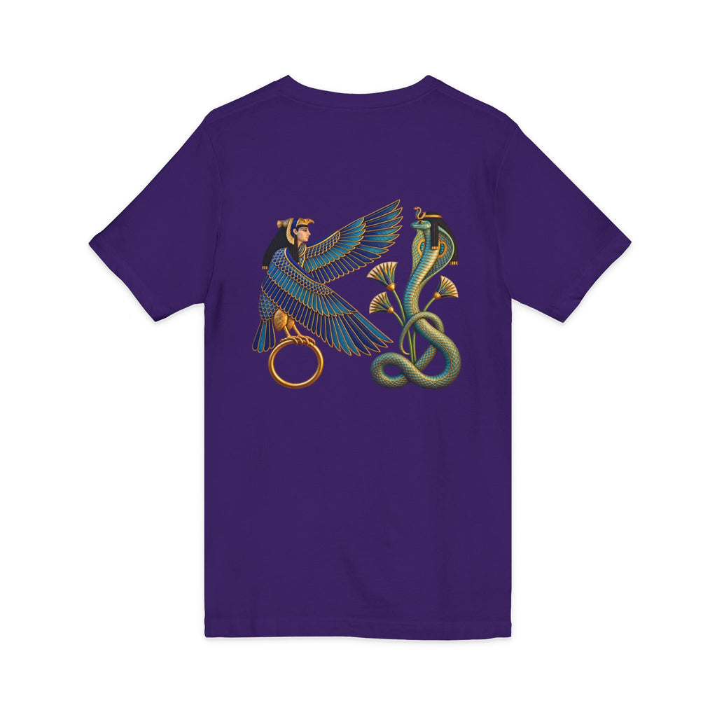 V-neck T-shirt with Egyptian winged figure and cobra artwork