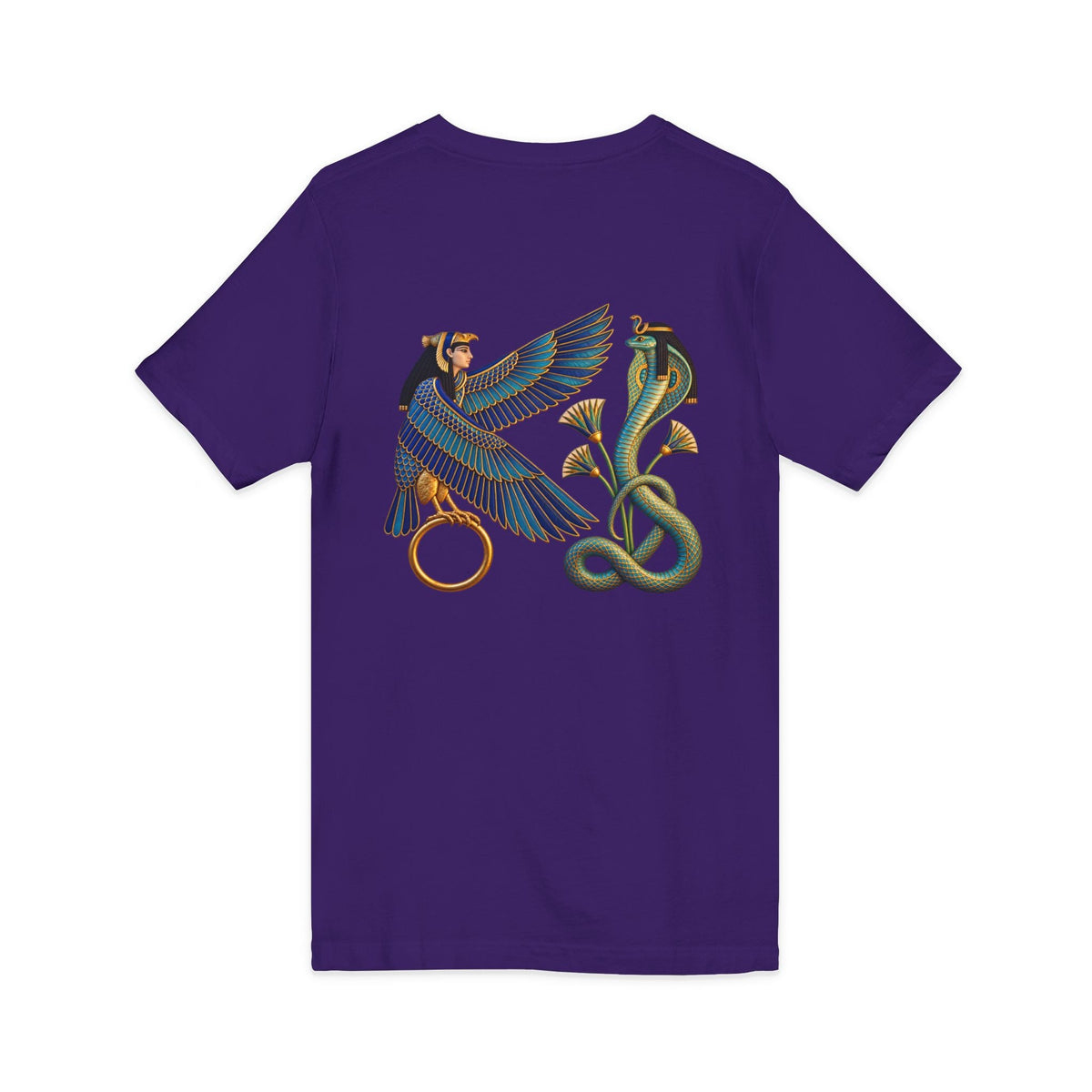 V-neck T-shirt with Egyptian winged figure and cobra artwork