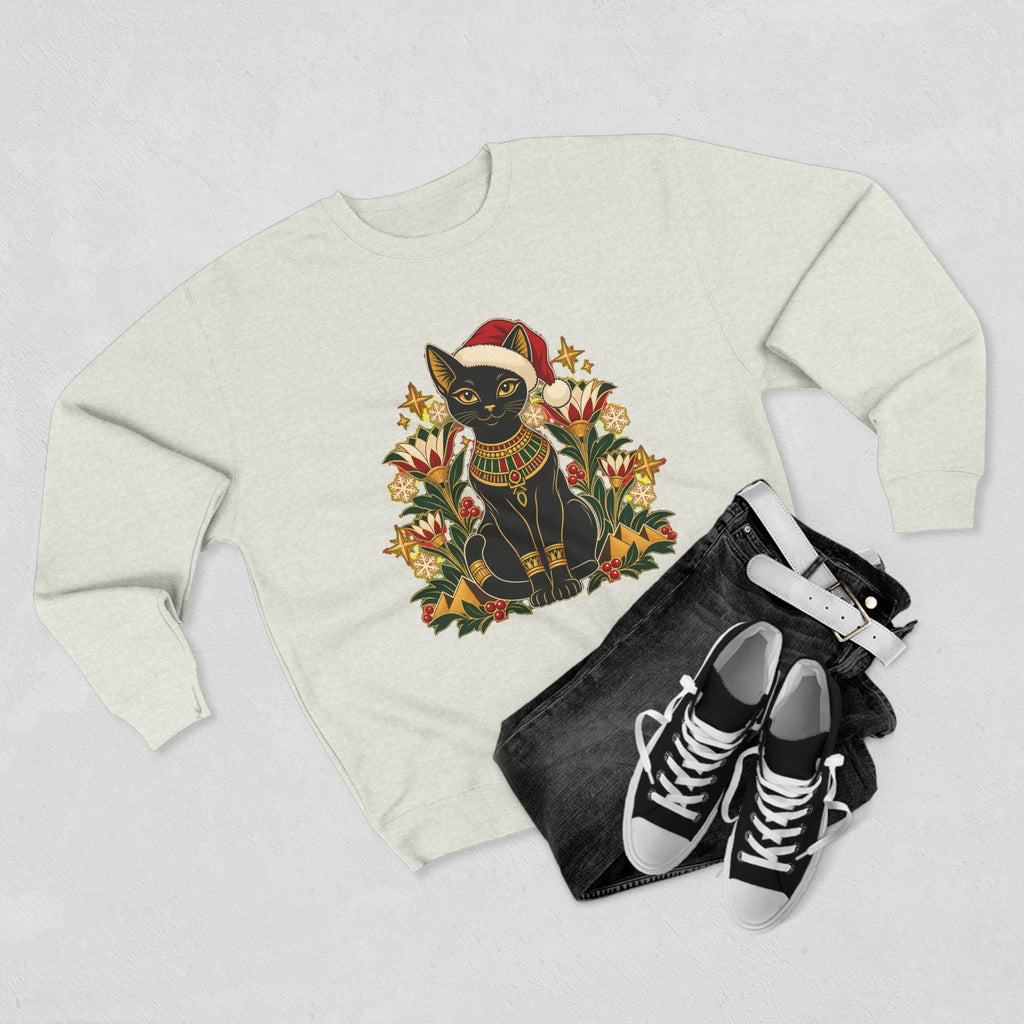 Christmas Black Cat Crewneck Sweatshirt – Festive Egyptian Cat Holiday Pullover Printify
