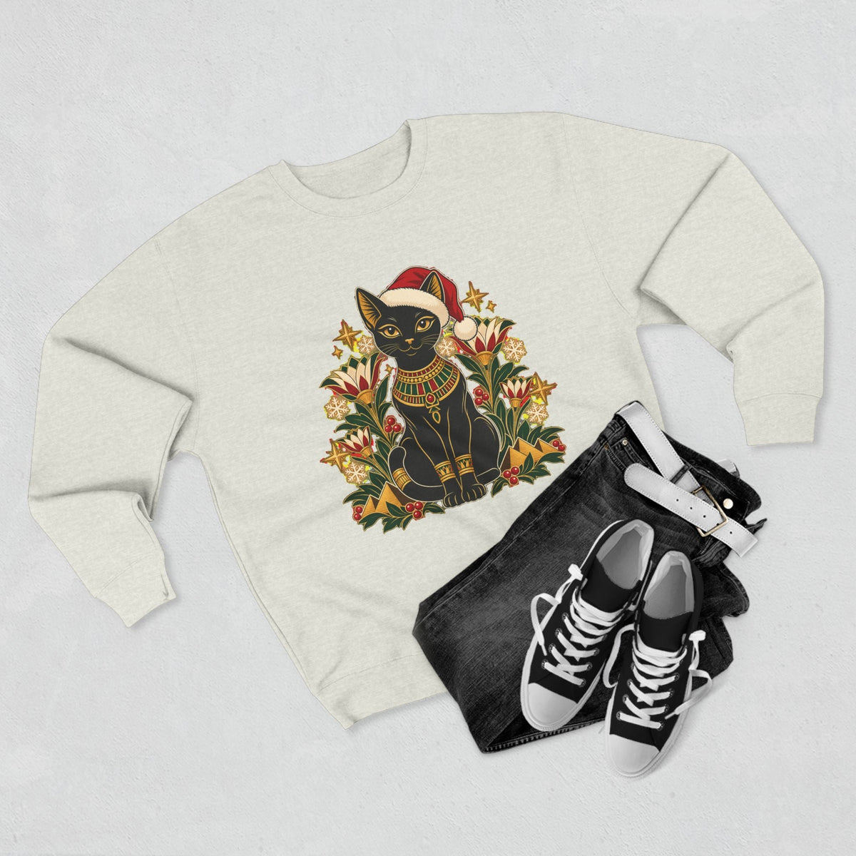 Christmas Black Cat Crewneck Sweatshirt – Festive Egyptian Cat Holiday Pullover Printify