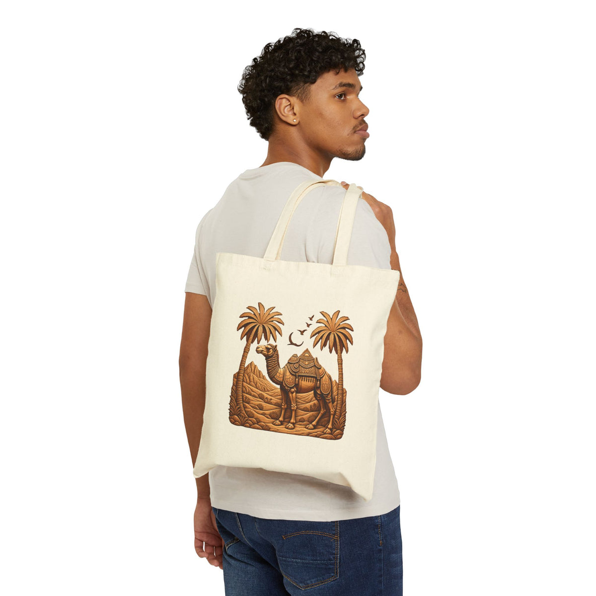 Camel Desert Tote Bag — Boho Palm Tree Canvas Tote Printify