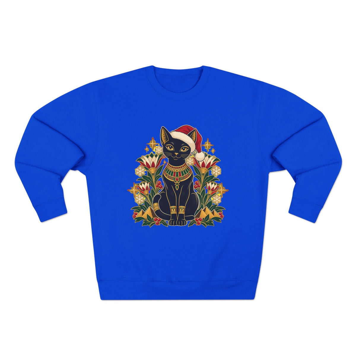 Christmas Black Cat Crewneck Sweatshirt – Festive Egyptian Cat Holiday Pullover Printify