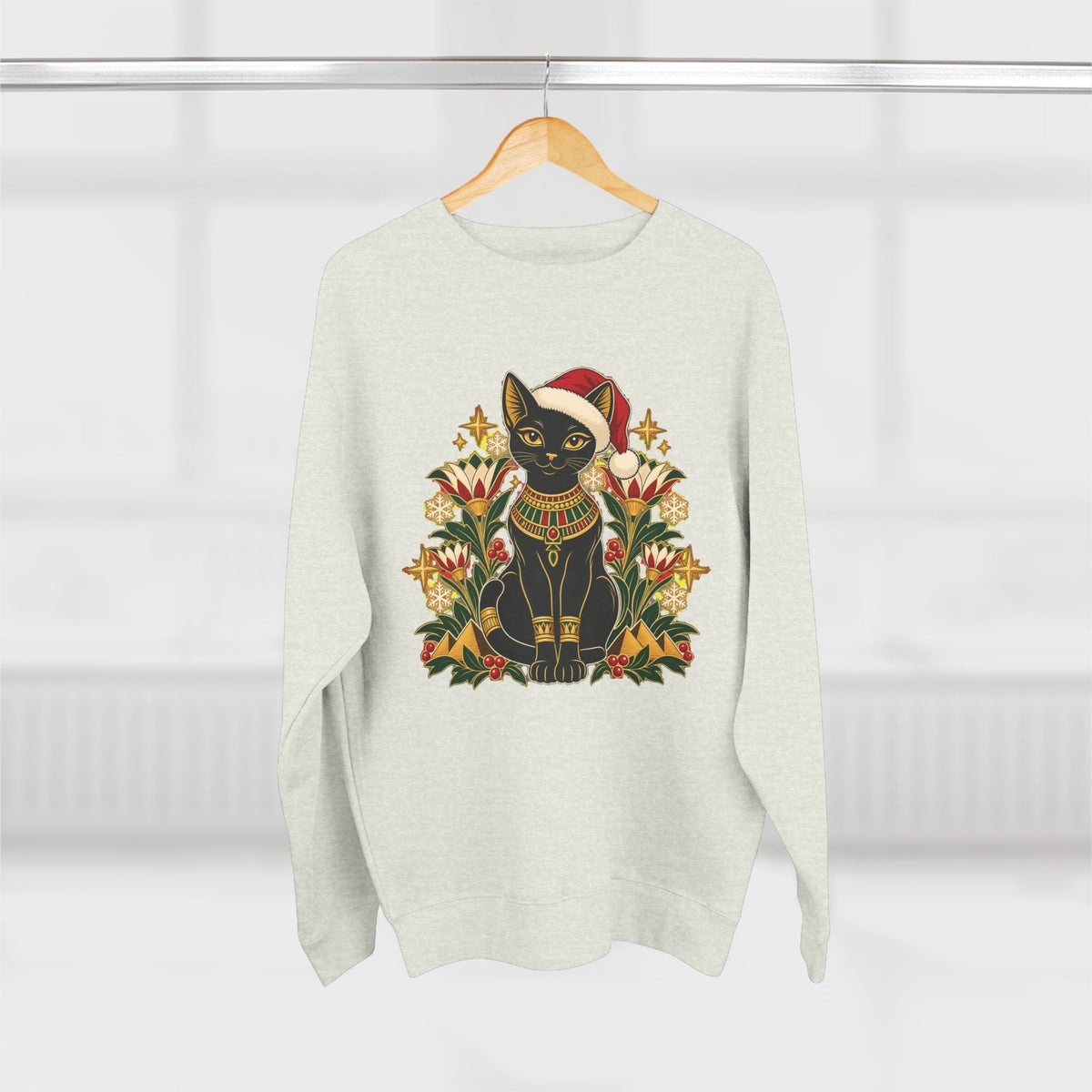 Christmas Black Cat Crewneck Sweatshirt – Festive Egyptian Cat Holiday Pullover Printify