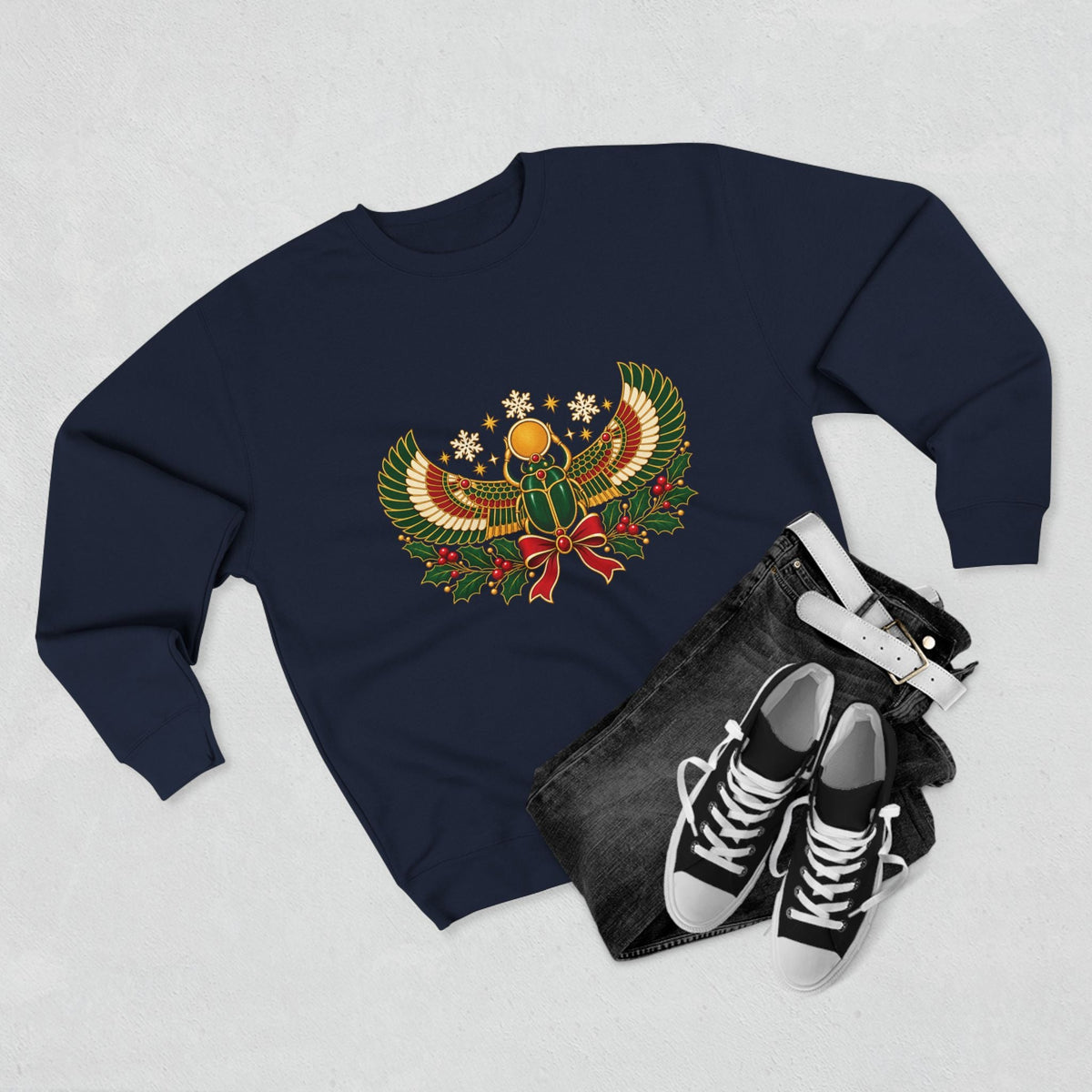 Egyptian Scarab Holiday Sweatshirt — Festive Scarab & Wreath Crewneck Printify