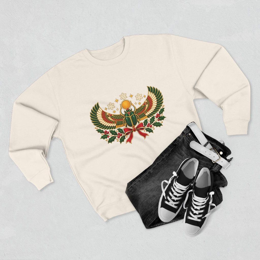 Egyptian Scarab Holiday Sweatshirt — Festive Scarab & Wreath Crewneck Printify