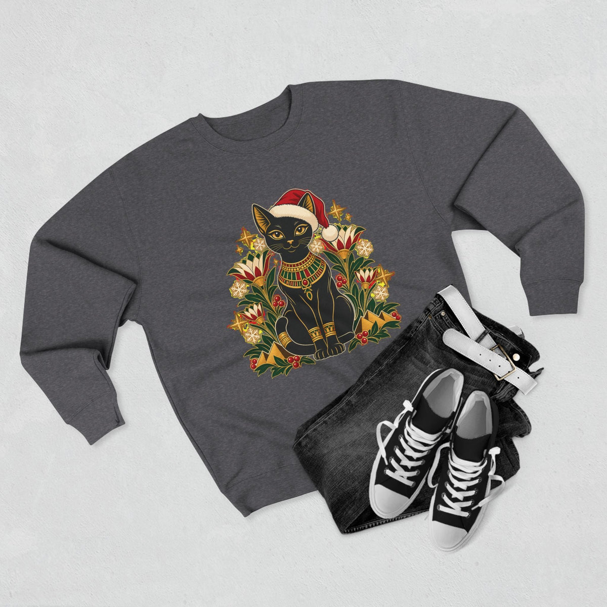Christmas Black Cat Crewneck Sweatshirt – Festive Egyptian Cat Holiday Pullover Printify