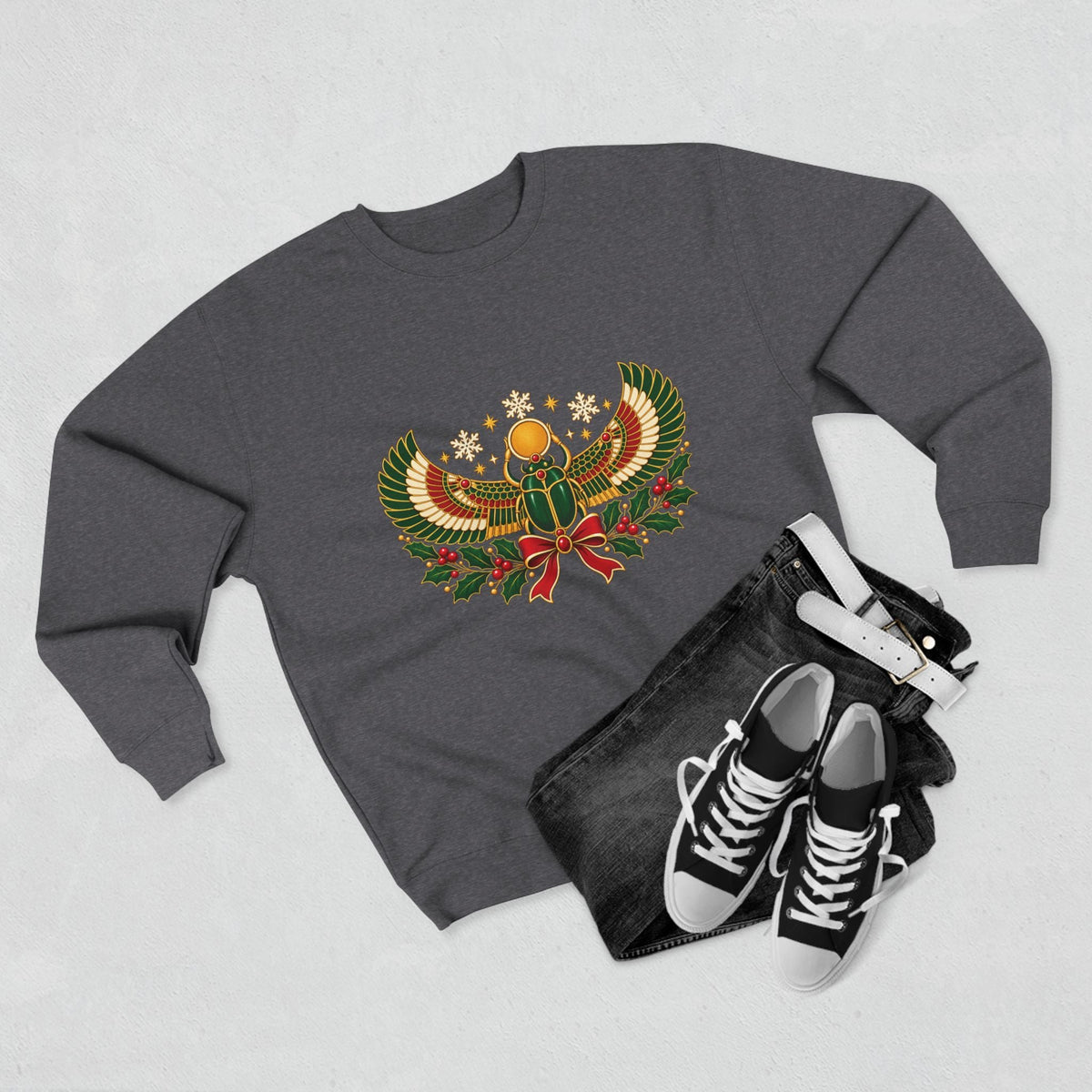Egyptian Scarab Holiday Sweatshirt — Festive Scarab & Wreath Crewneck Printify