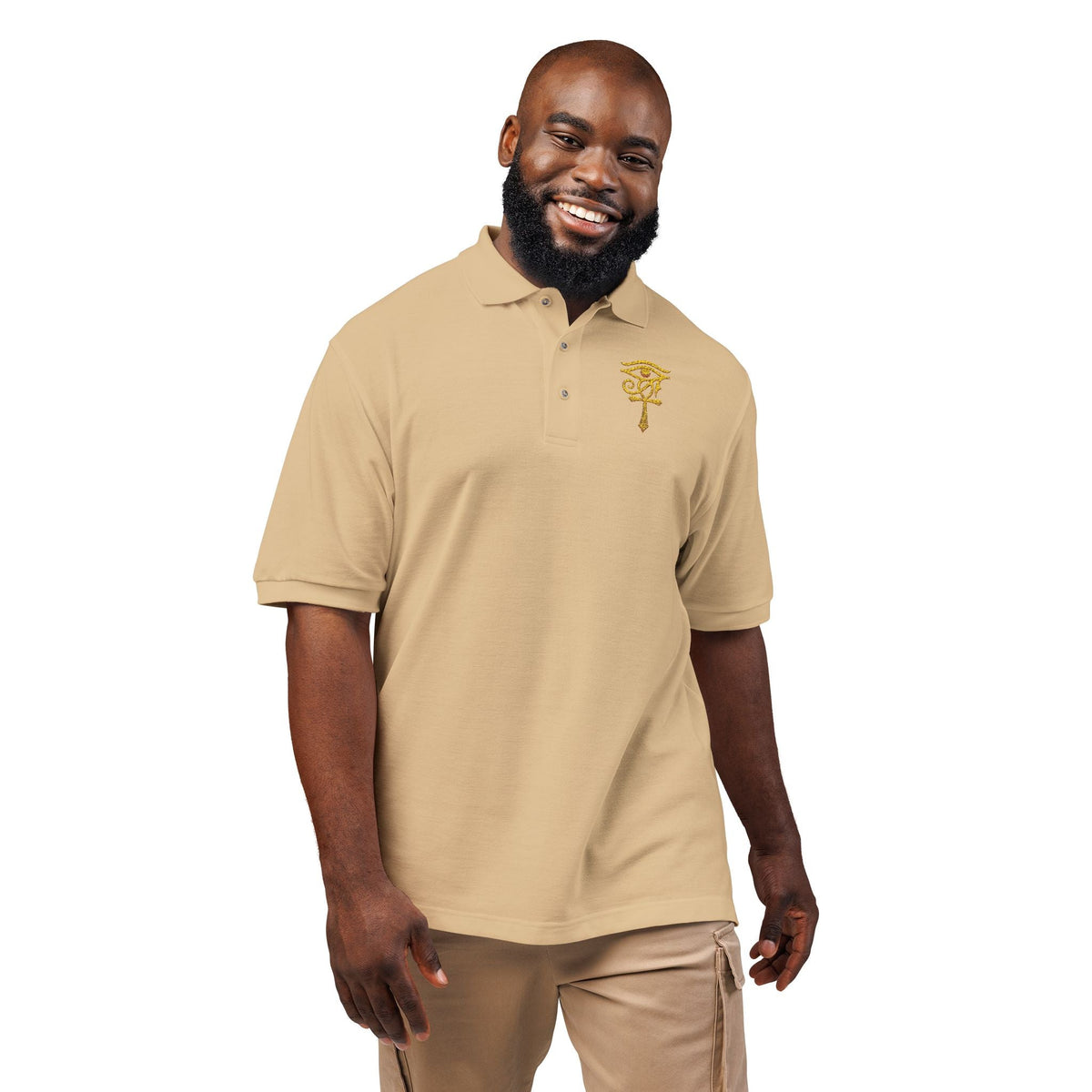 Unisex polo with gold Eye of Horus and ankh embroidery
