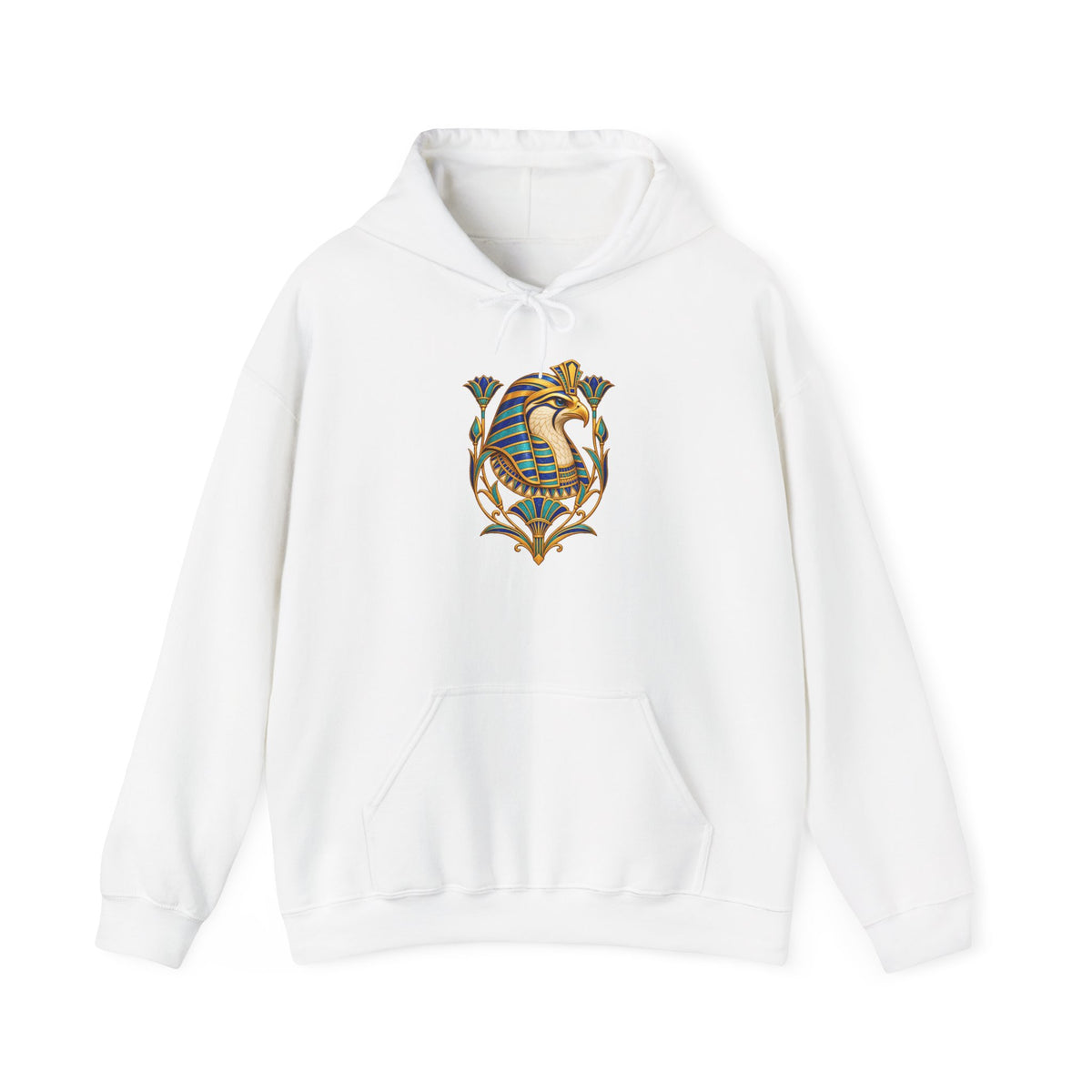 Colorful winged Horus falcon design on an Egyptian graphic hoodie