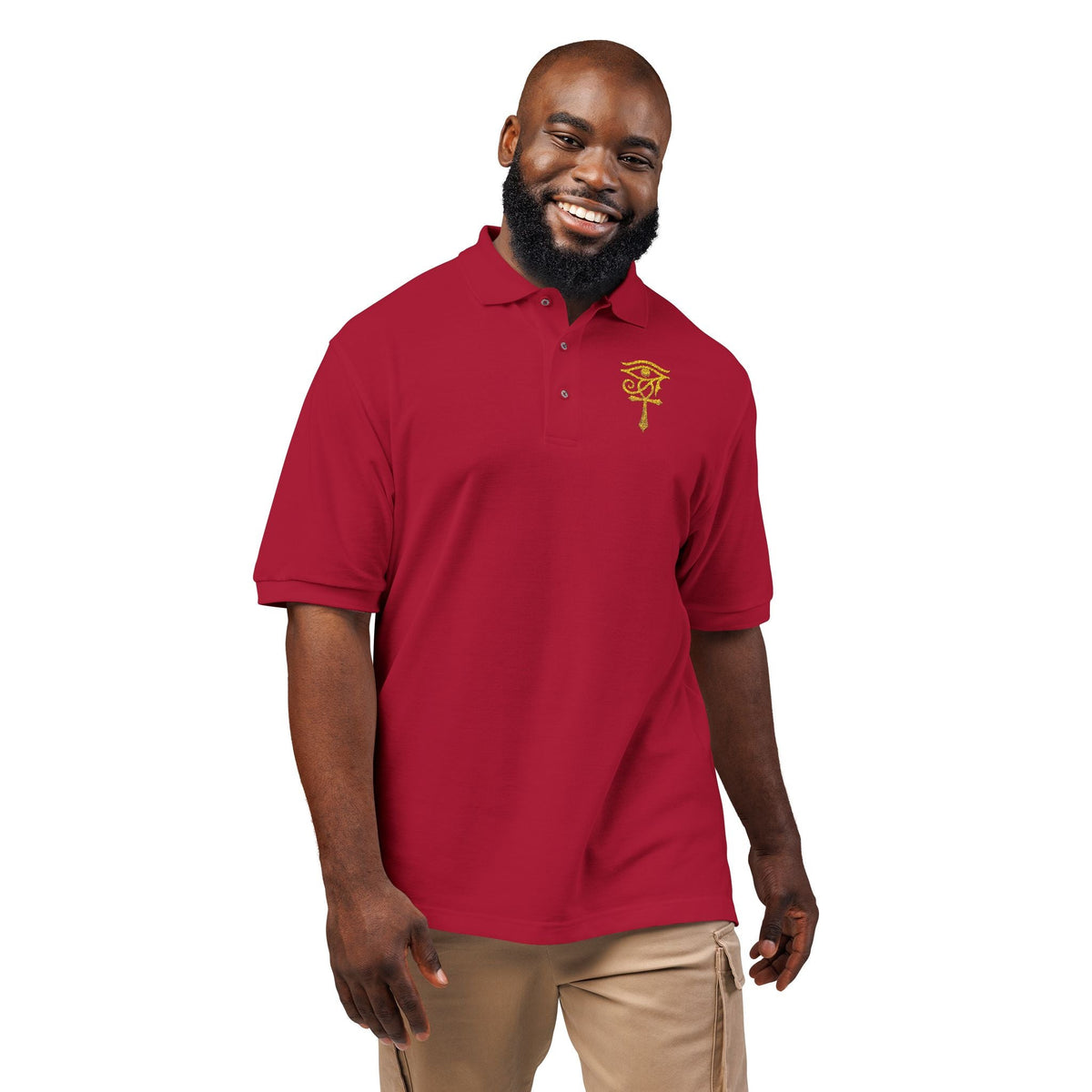 Unisex polo with gold Eye of Horus and ankh embroidery