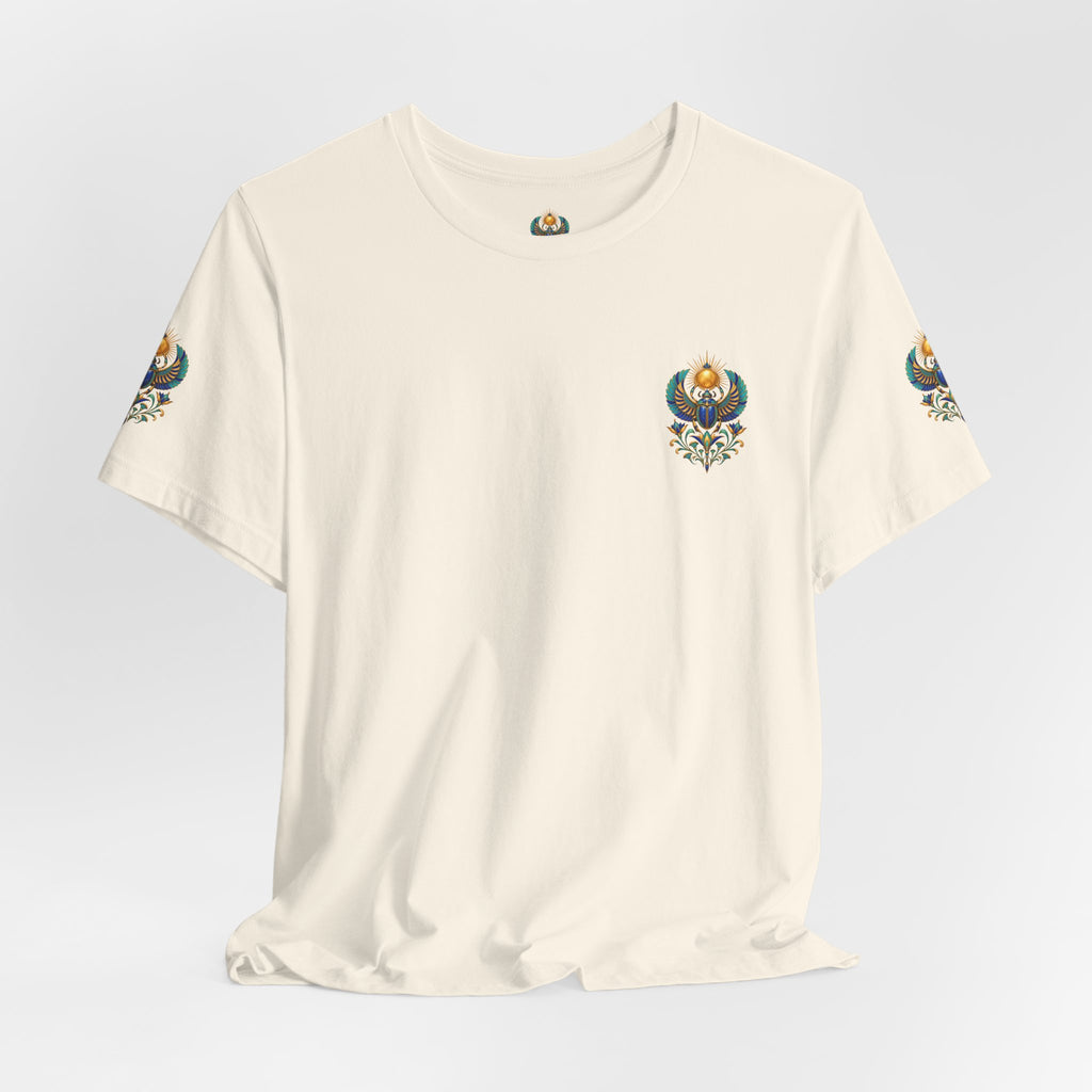 Scarabs & Sun Egyptian Scarab T-Shirt — Golden Sunback Graphic Tee Printify