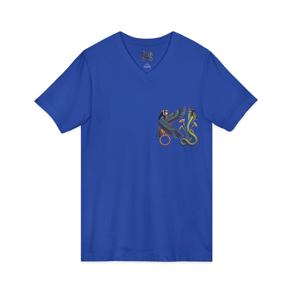 V-neck T-shirt with Egyptian winged figure and cobra artwork