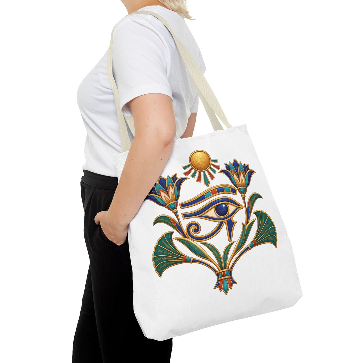 Eye of Horus and lotus Egyptian heritage all-over print tote bag