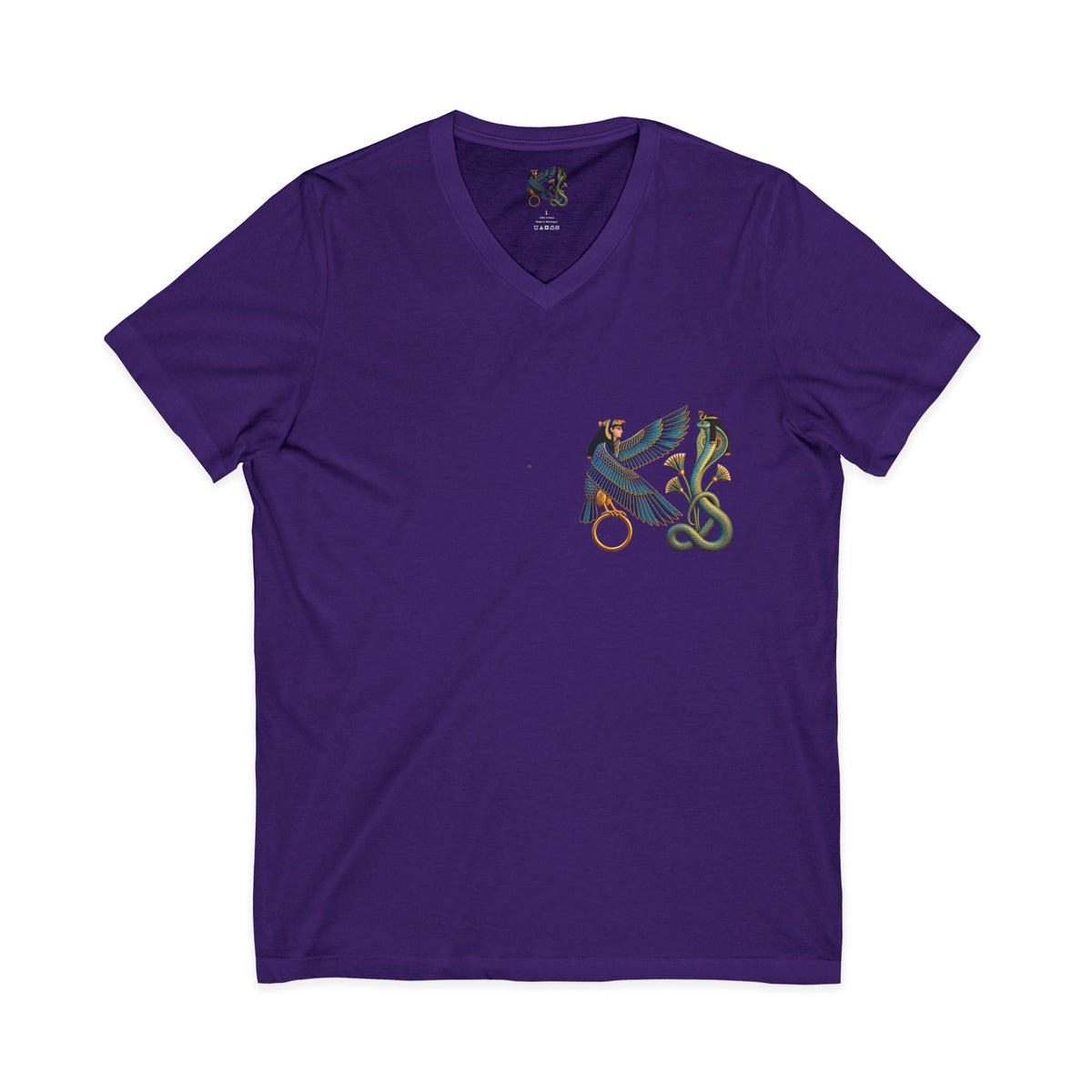 V-neck T-shirt with Egyptian winged figure and cobra artwork