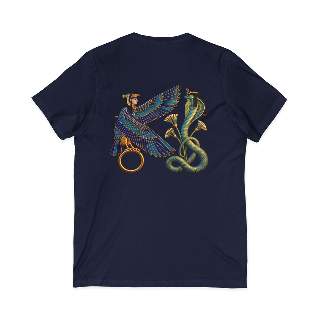 V-neck T-shirt with Egyptian winged figure and cobra artwork