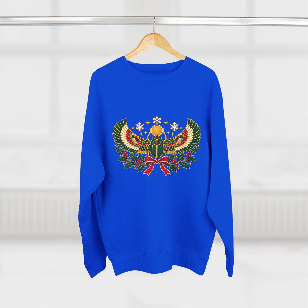 Egyptian Scarab Holiday Sweatshirt — Festive Scarab & Wreath Crewneck Printify