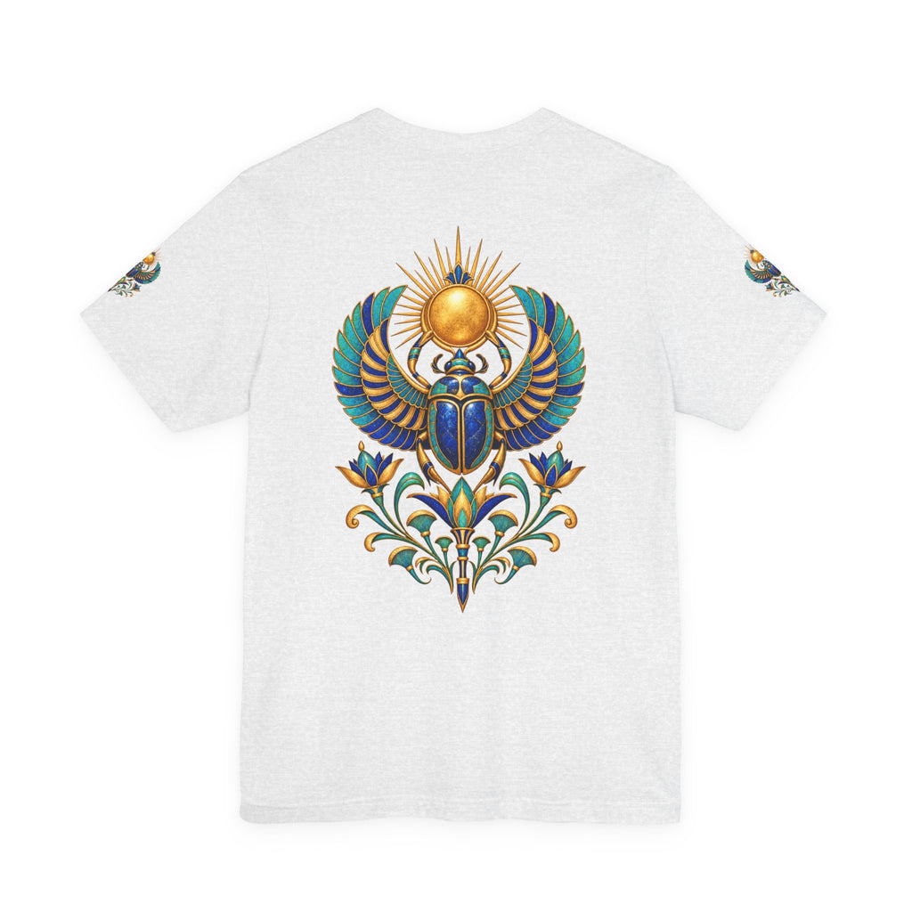 Scarabs & Sun Egyptian Scarab T-Shirt — Golden Sunback Graphic Tee Printify