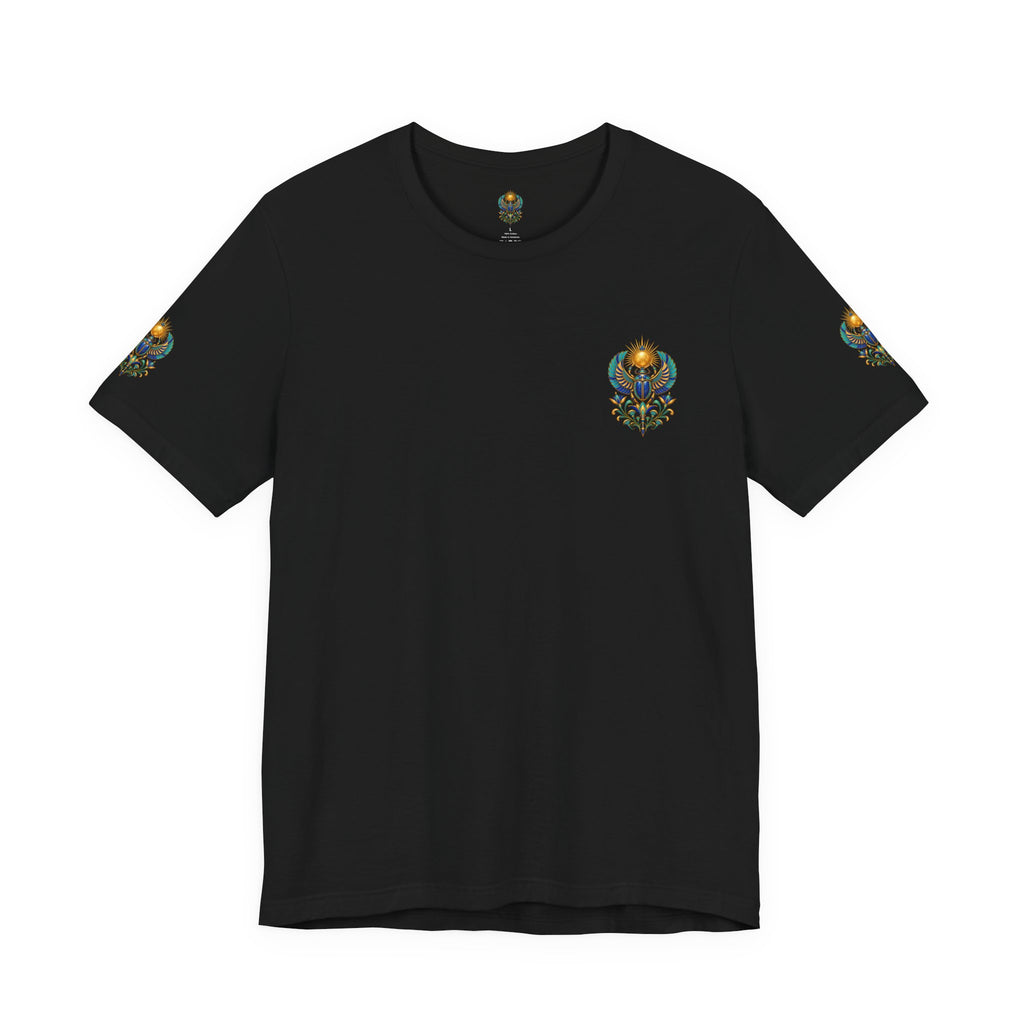 Scarabs & Sun Egyptian Scarab T-Shirt — Golden Sunback Graphic Tee Printify