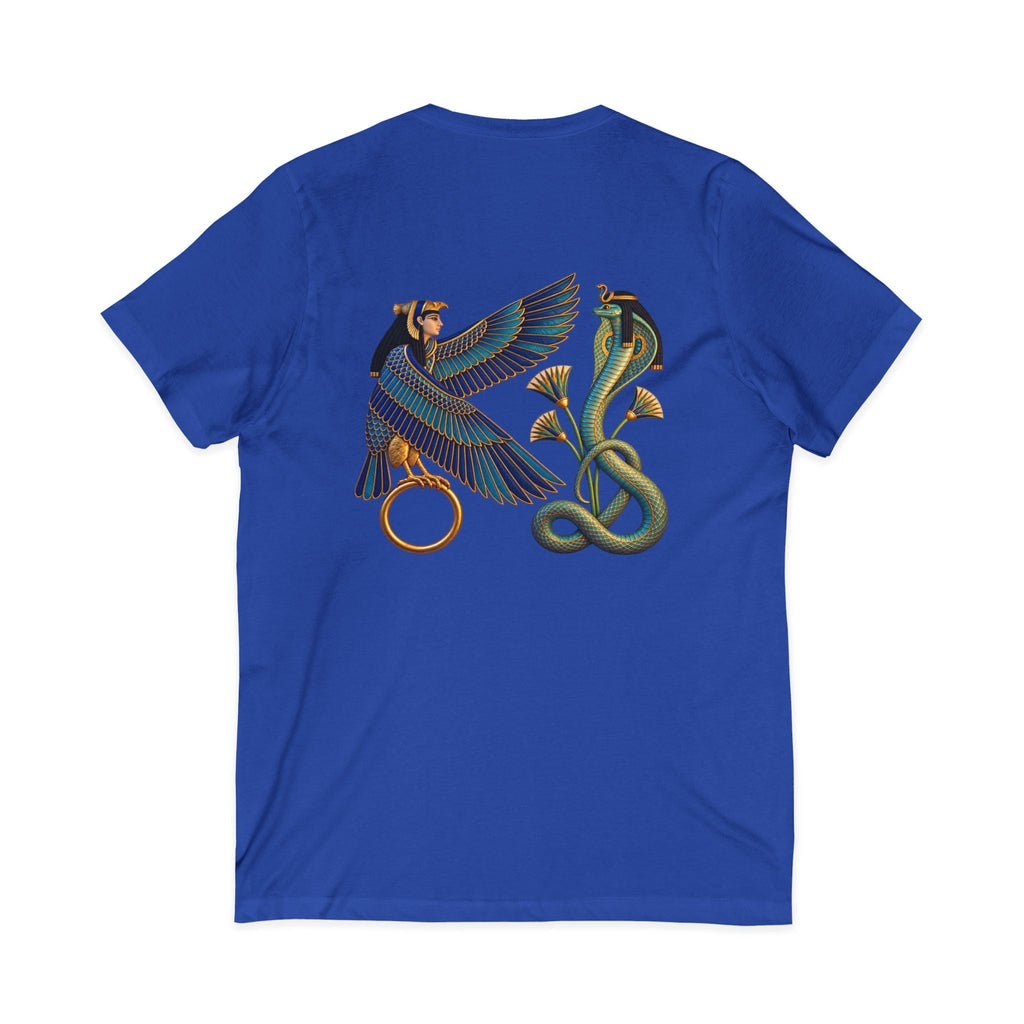 V-neck T-shirt with Egyptian winged figure and cobra artwork