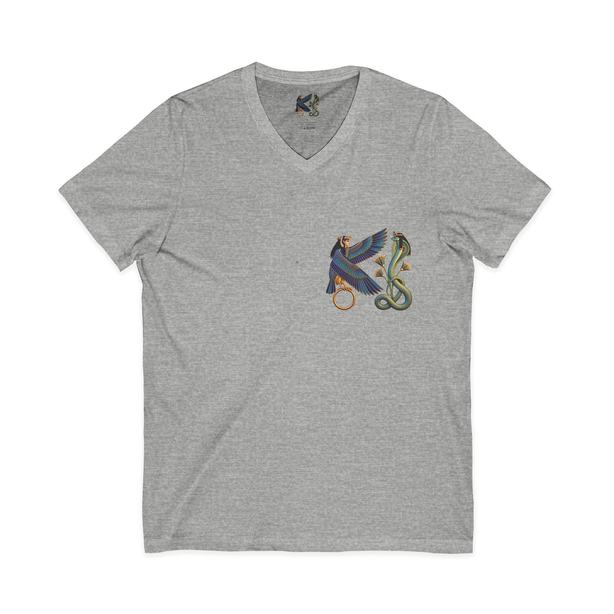 V-neck T-shirt with Egyptian winged figure and cobra artwork