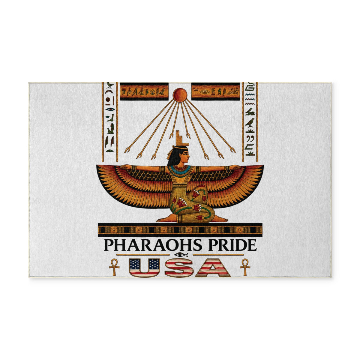 Pharaohs Pride USA washable rug featuring winged Egyptian goddess and patriotic design