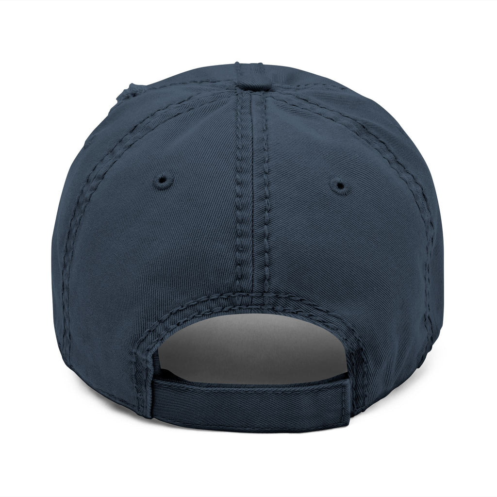 Distressed dad hat with Egyptian falcon and sun disk embroidery