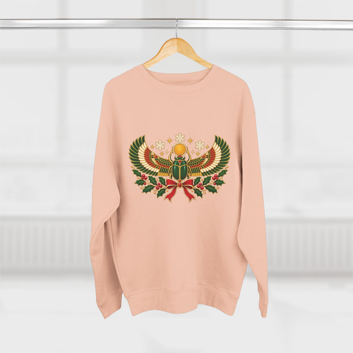 Egyptian Scarab Holiday Sweatshirt — Festive Scarab & Wreath Crewneck Printify