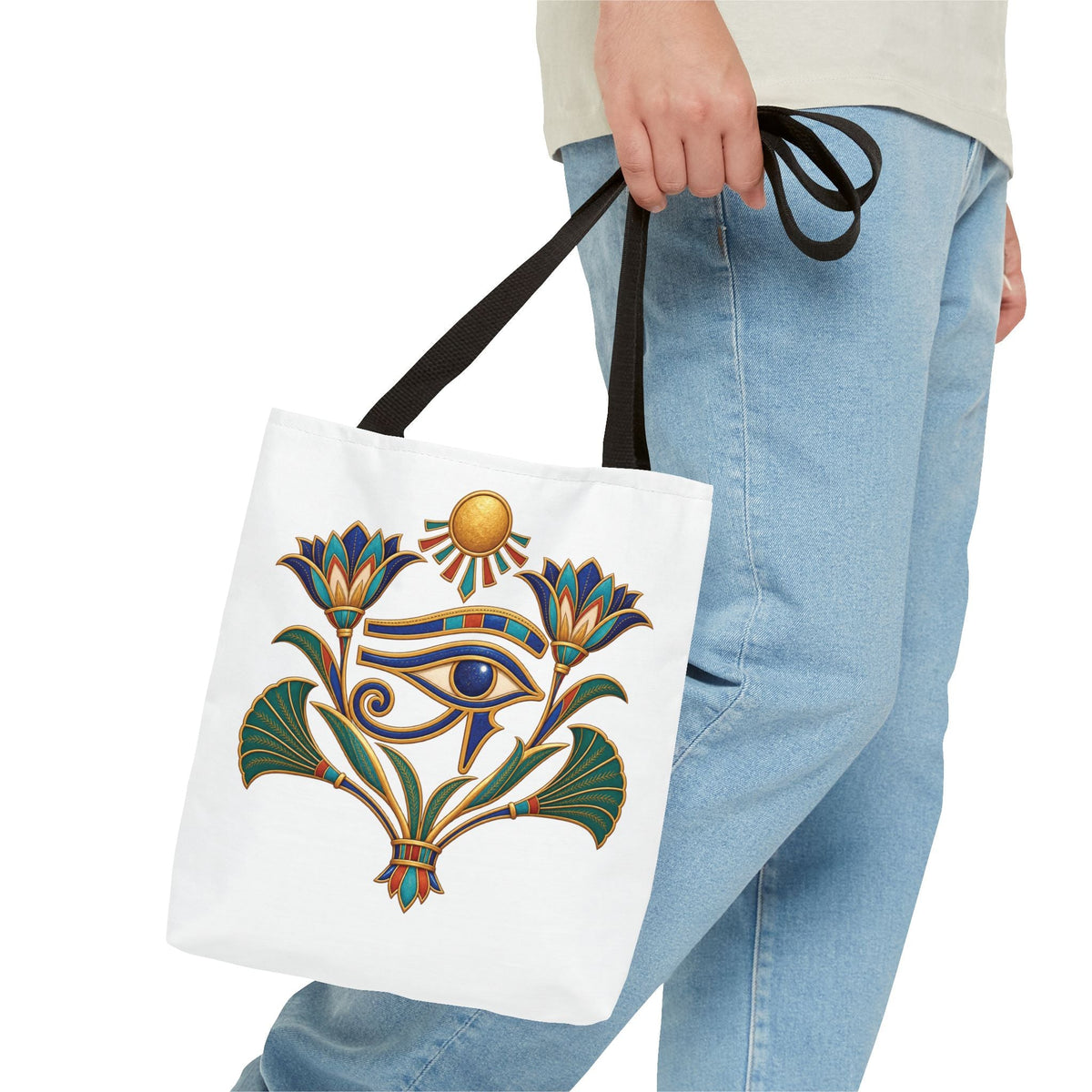 Eye of Horus and lotus Egyptian heritage all-over print tote bag