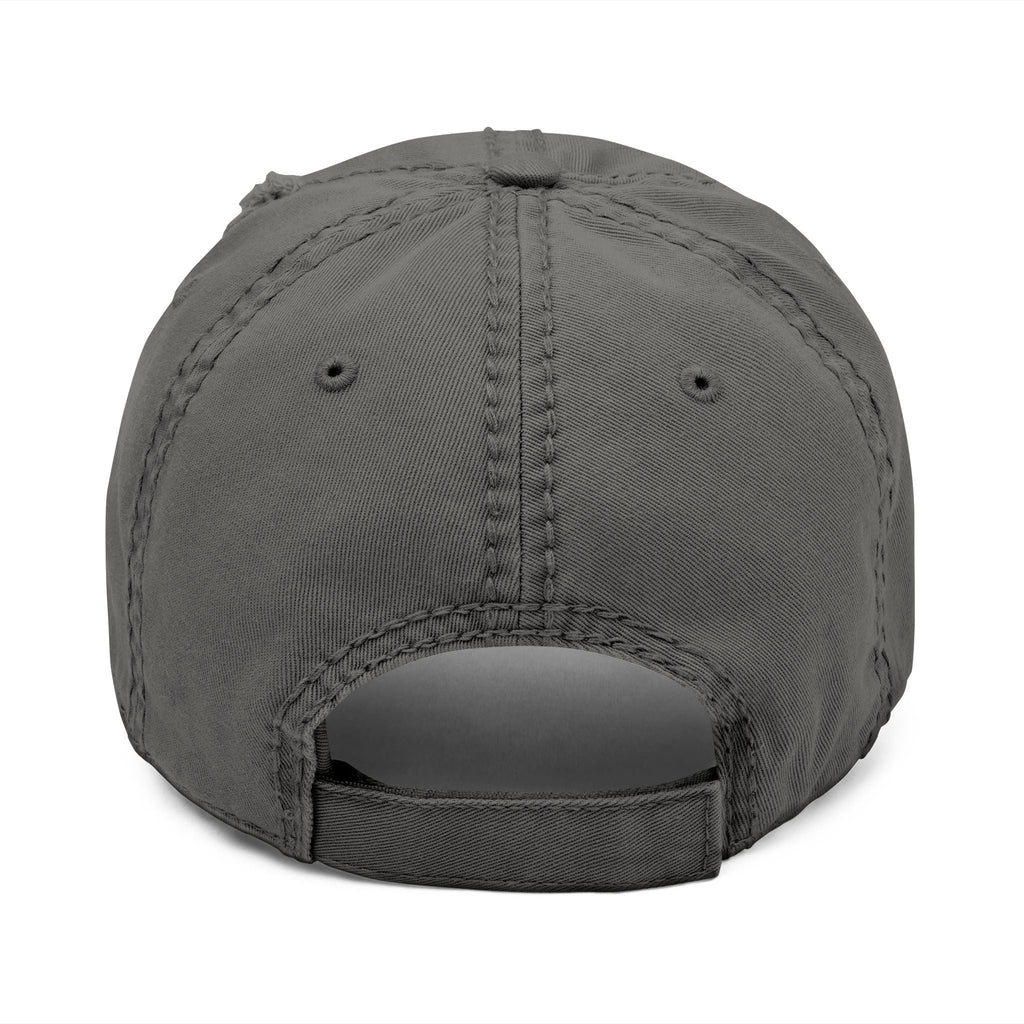 Distressed dad hat with Egyptian falcon and sun disk embroidery
