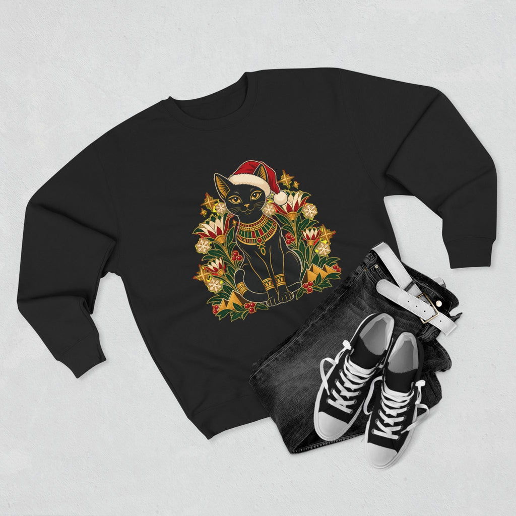 Christmas Black Cat Crewneck Sweatshirt – Festive Egyptian Cat Holiday Pullover Printify