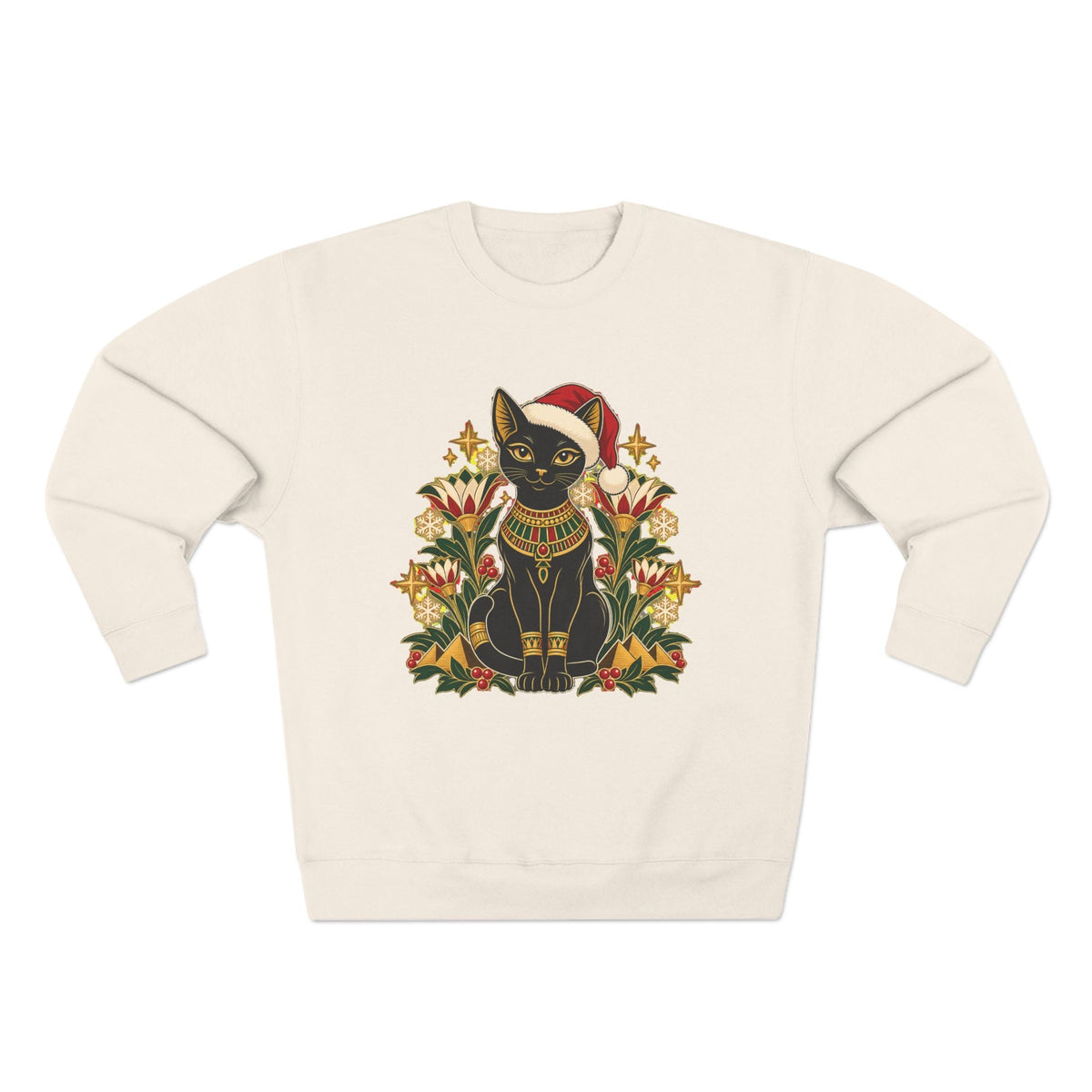 Christmas Black Cat Crewneck Sweatshirt – Festive Egyptian Cat Holiday Pullover Printify