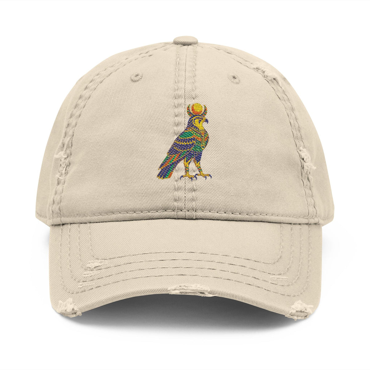Distressed dad hat with Egyptian falcon and sun disk embroidery