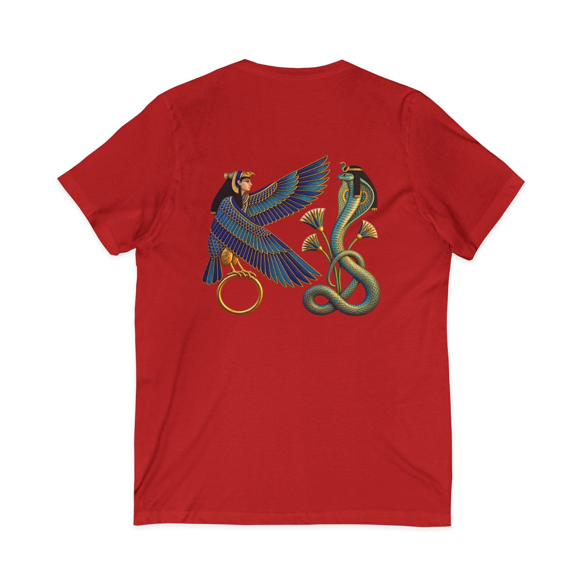 V-neck T-shirt with Egyptian winged figure and cobra artwork