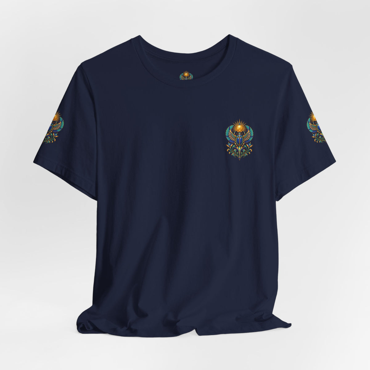 Scarabs & Sun Egyptian Scarab T-Shirt — Golden Sunback Graphic Tee Printify