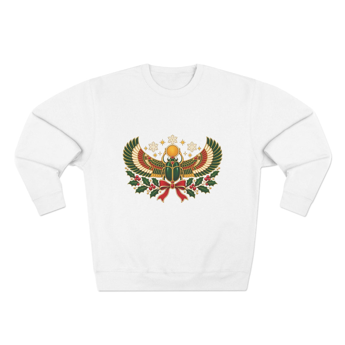 Egyptian Scarab Holiday Sweatshirt — Festive Scarab & Wreath Crewneck Printify