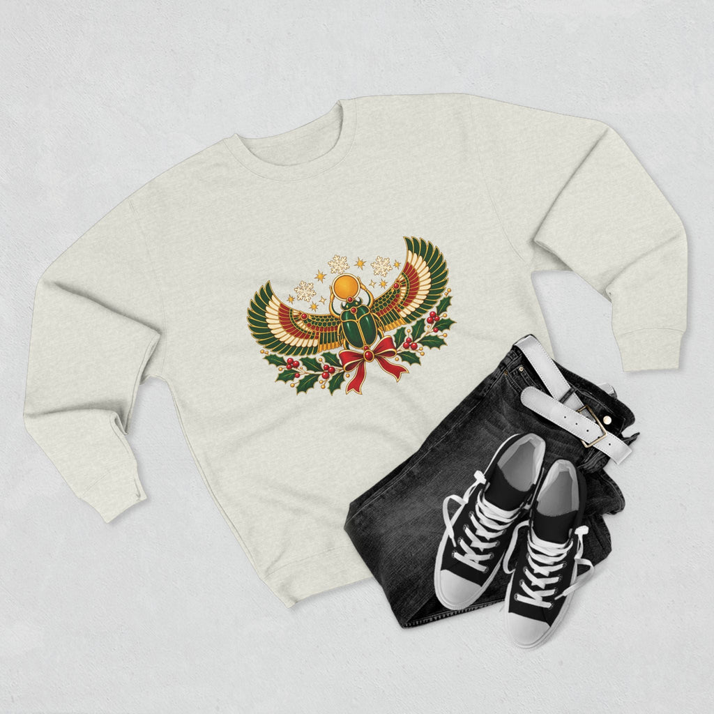 Egyptian Scarab Holiday Sweatshirt — Festive Scarab & Wreath Crewneck Printify
