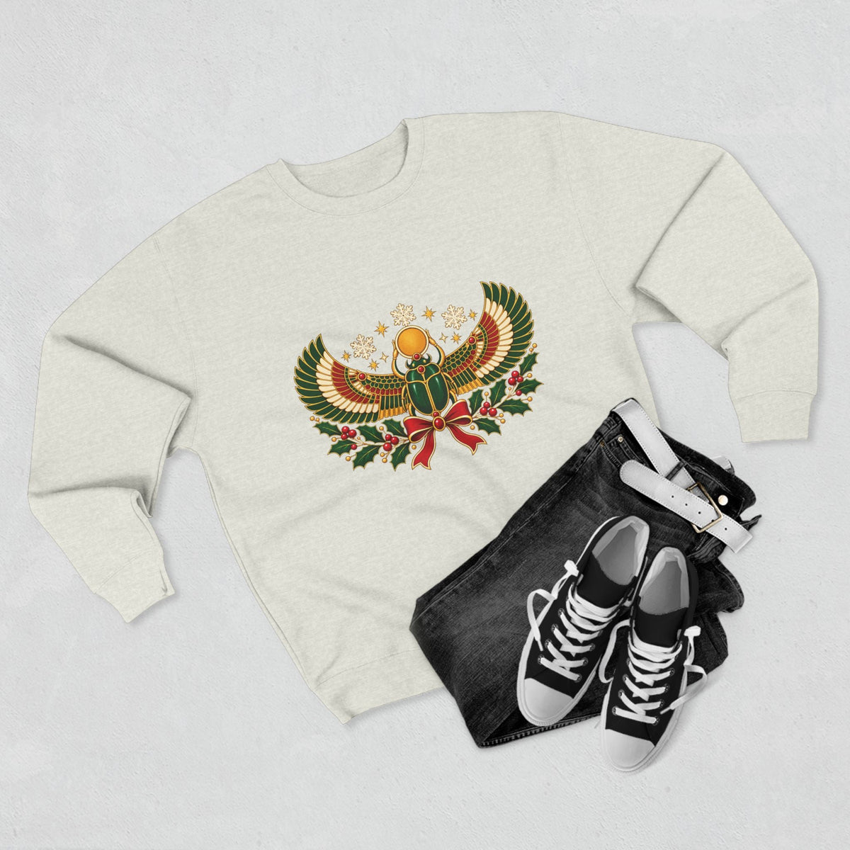 Egyptian Scarab Holiday Sweatshirt — Festive Scarab & Wreath Crewneck Printify
