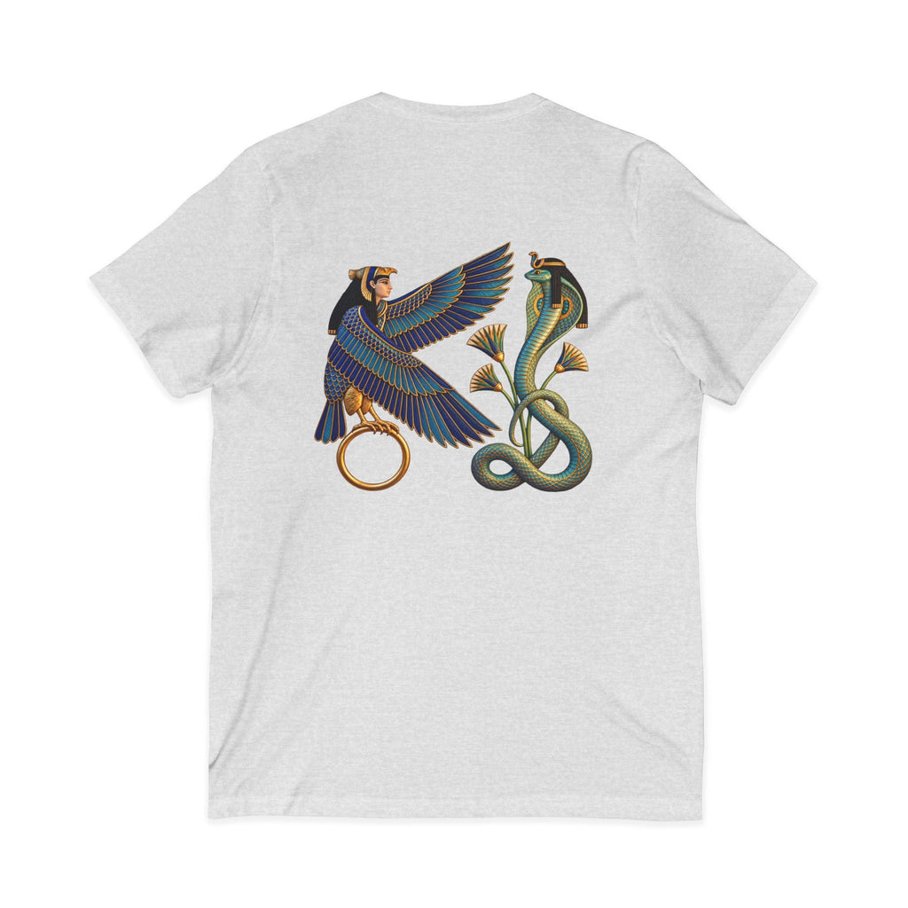 V-neck T-shirt with Egyptian winged figure and cobra artwork
