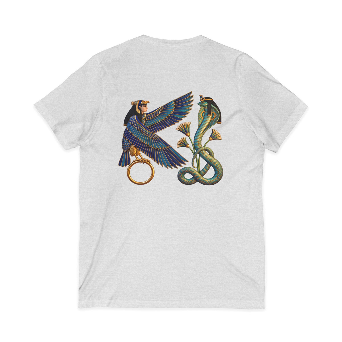 V-neck T-shirt with Egyptian winged figure and cobra artwork