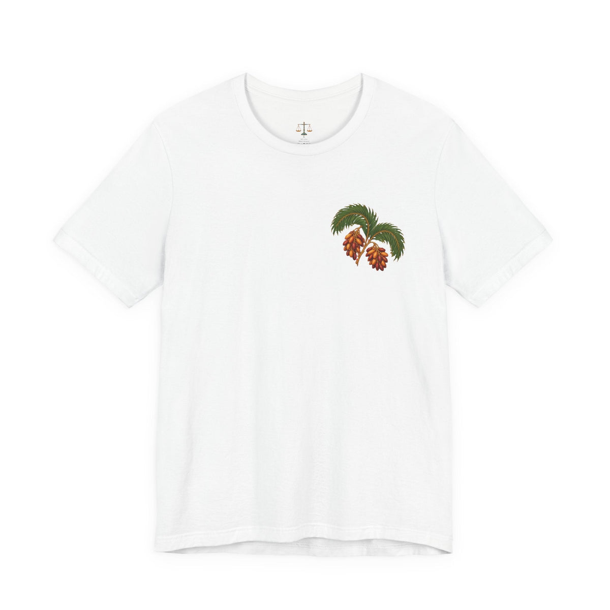 White unisex jersey T-shirt with a small date palm graphic featuring green fronds and warm-toned date clusters on the front.