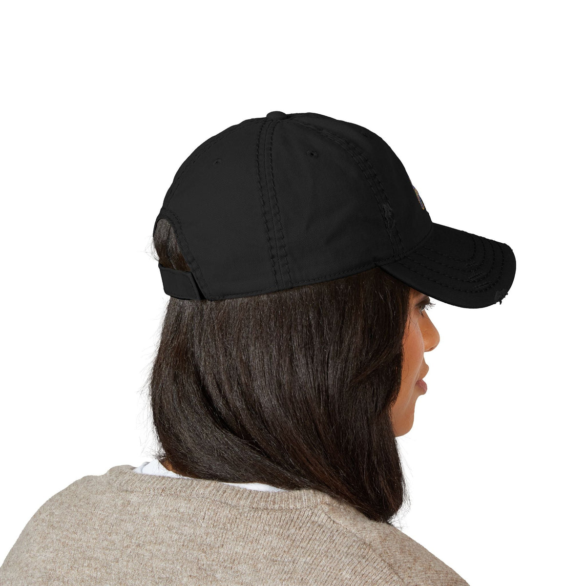 Distressed dad hat with Egyptian falcon and sun disk embroidery
