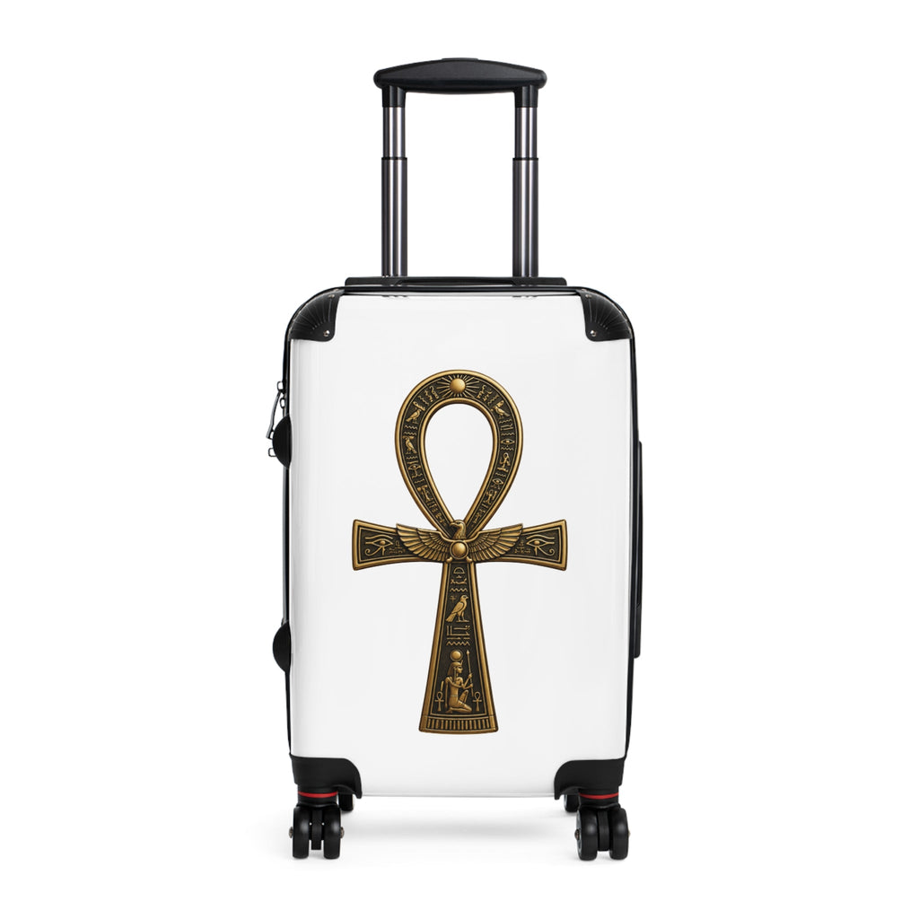 Hard-shell polycarbonate suitcase with adjustable handle, 360-degree swivel wheels, built-in lock, and removable inner lining.