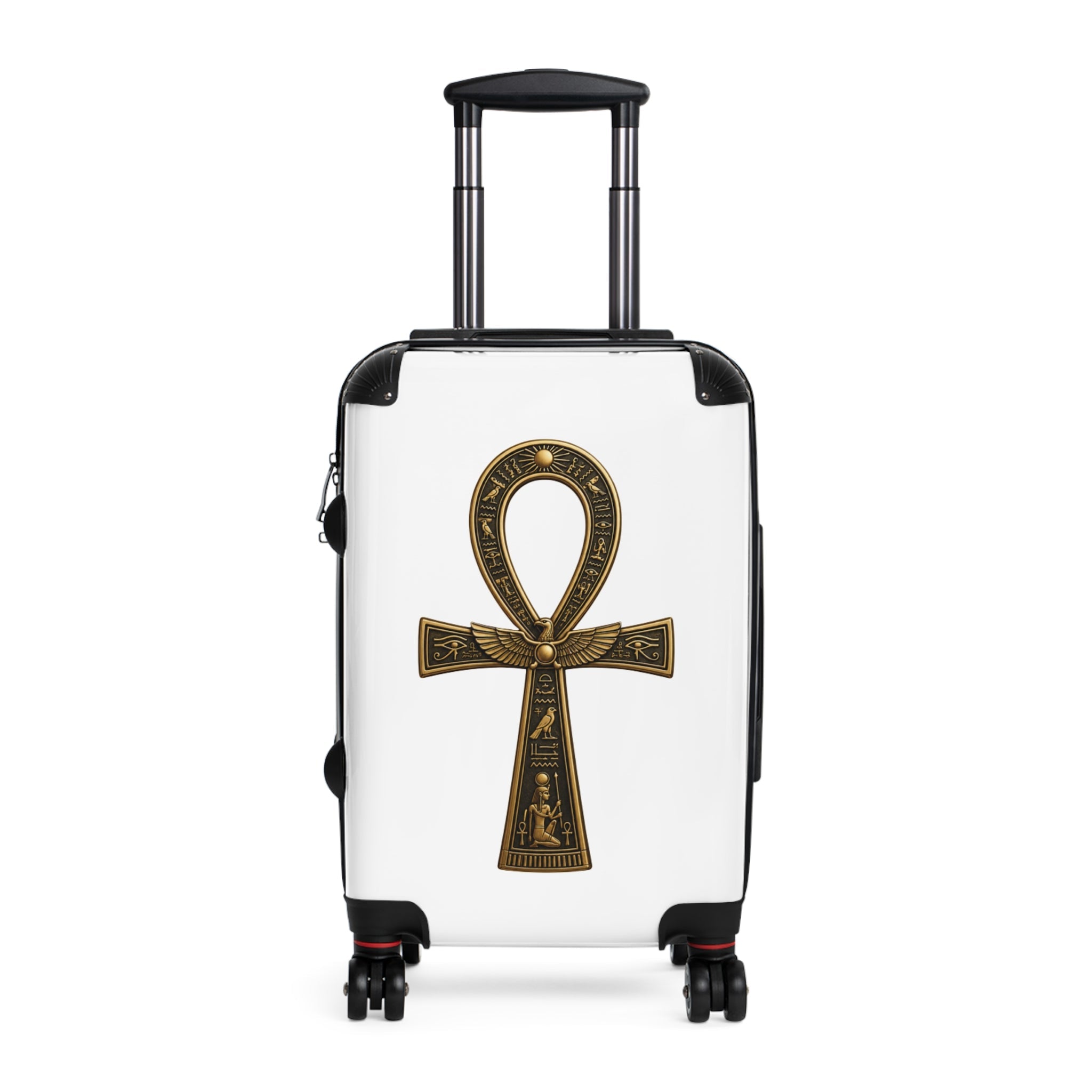Hard-shell polycarbonate suitcase with adjustable handle, 360-degree swivel wheels, built-in lock, and removable inner lining.
