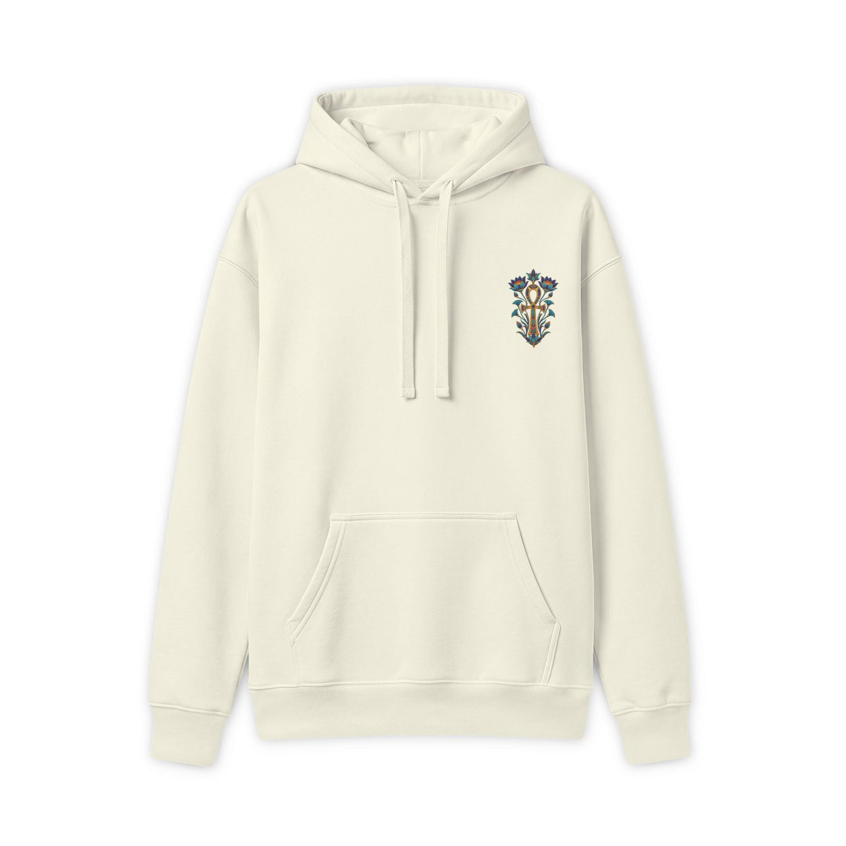 Hoodie with colorful Egyptian lotus and ankh chest artwork